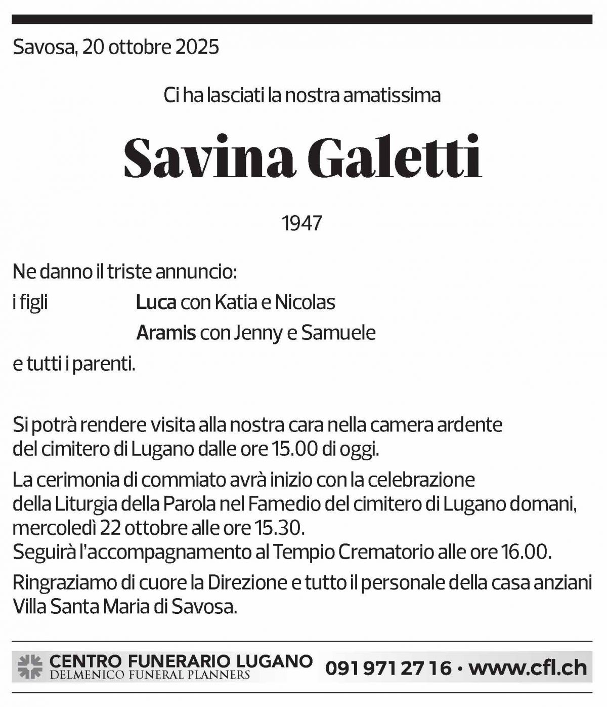 Annuncio funebre Savina Galetti