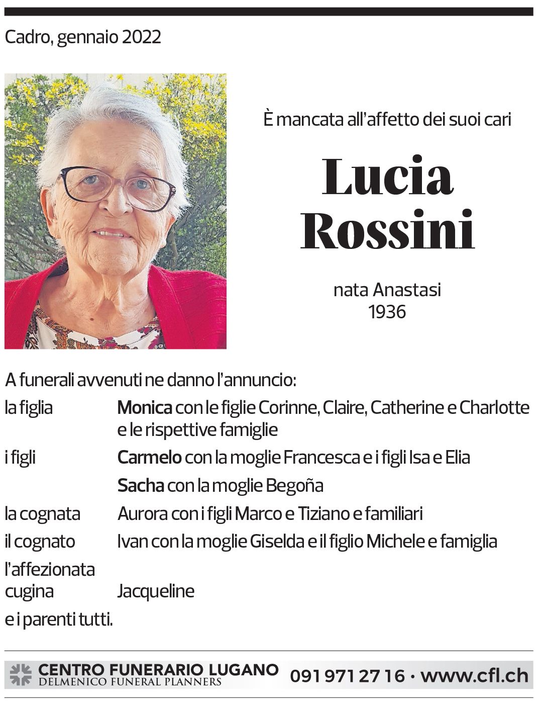 Annuncio funebre Lucia Rossini