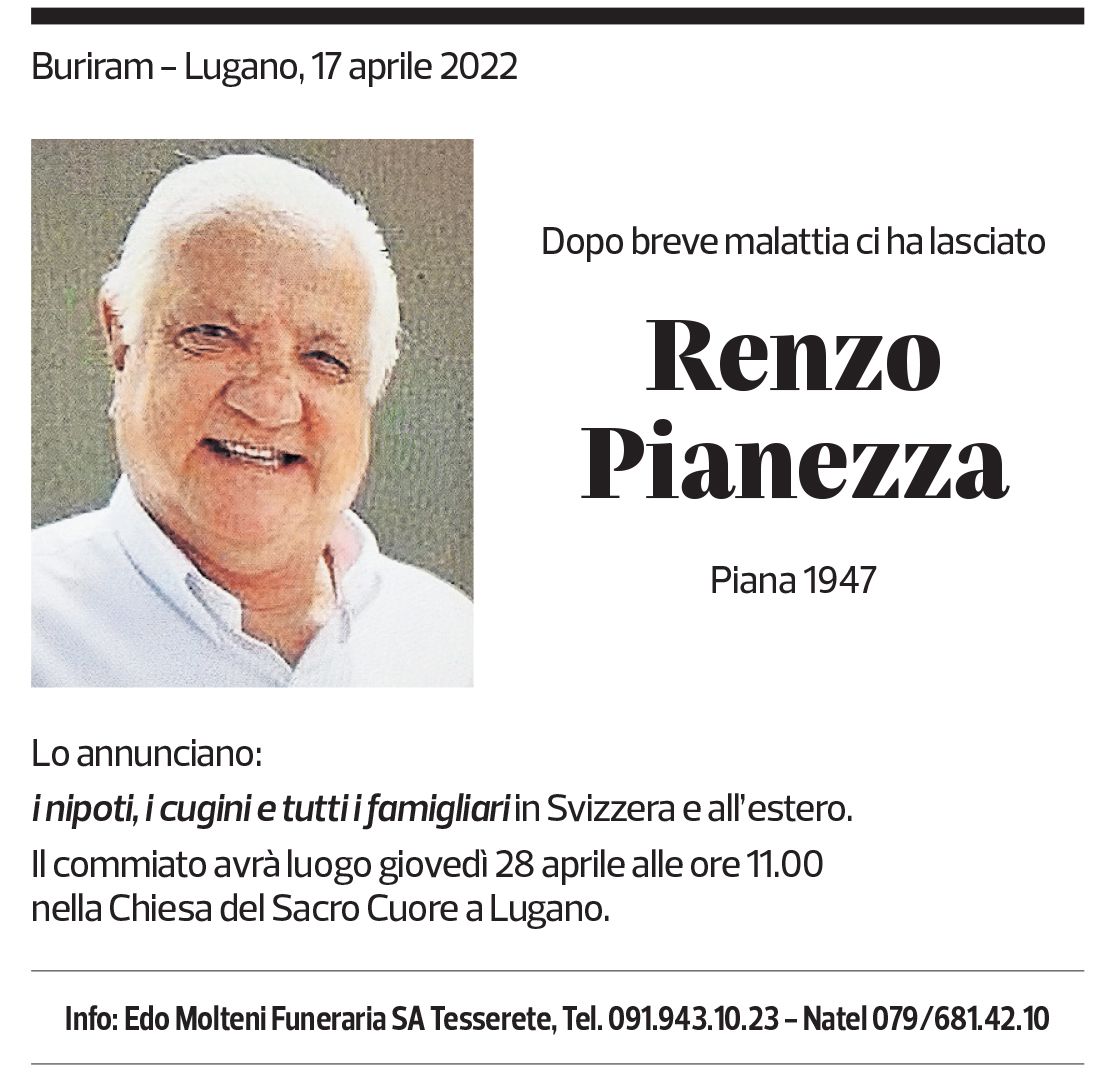 Annuncio funebre Renzo Pianezza