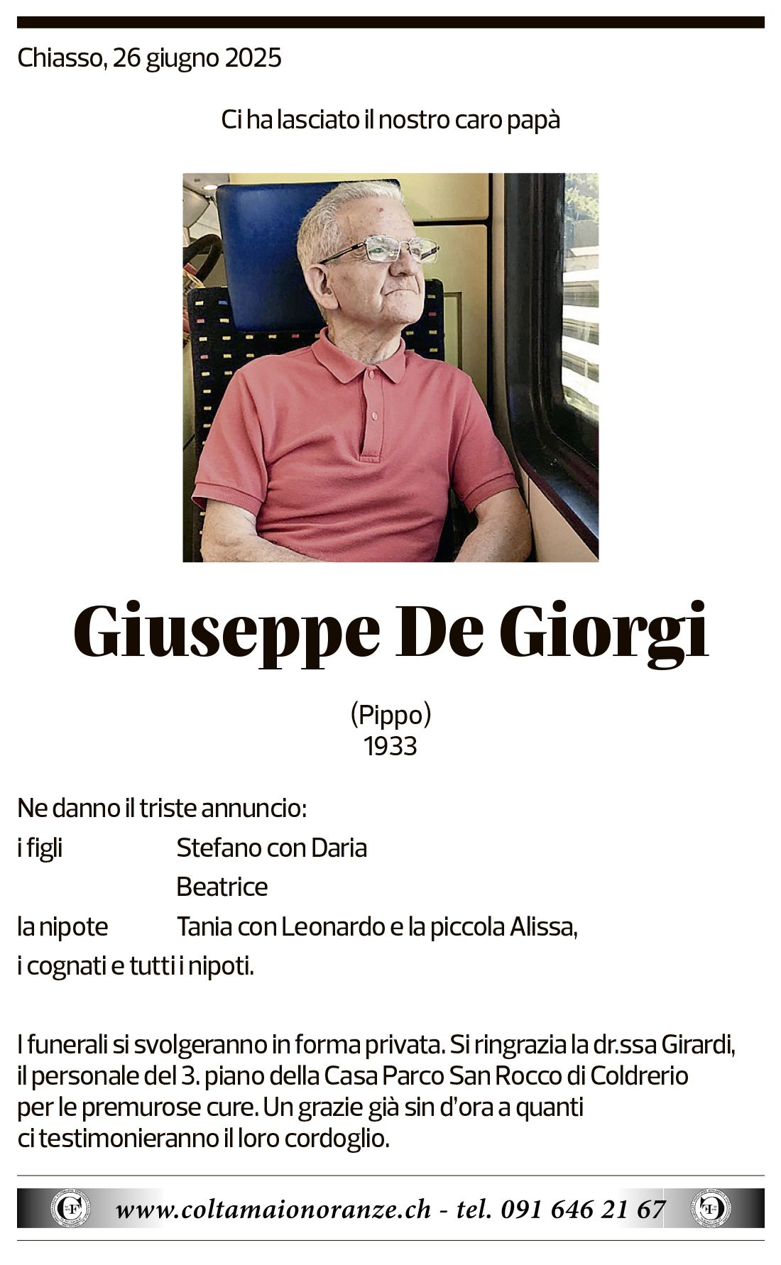 Annuncio funebre Giuseppe De Giorgi