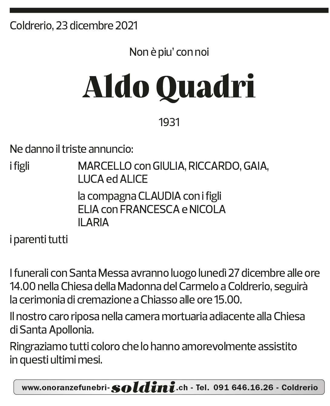 Annuncio funebre Aldo Quadri