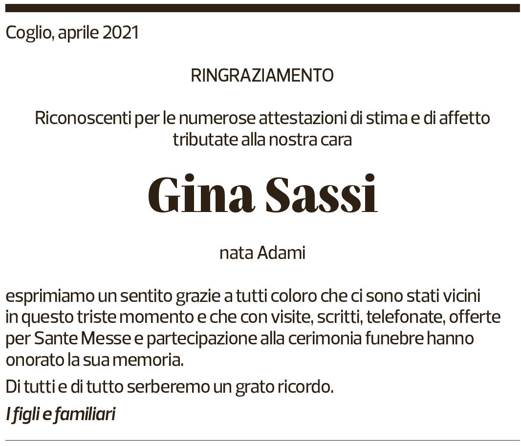 Annuncio funebre Gina Sassi