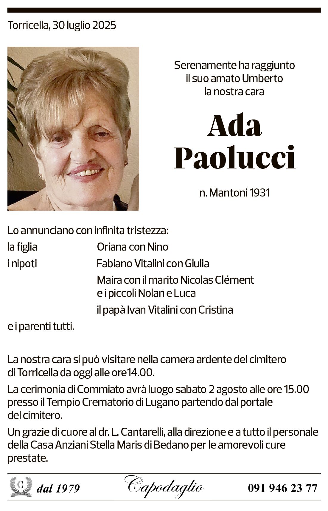 Annuncio funebre Ada Paolucci