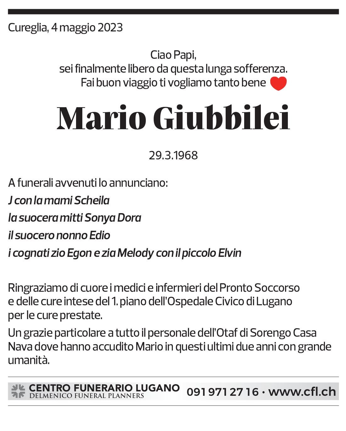 Annuncio funebre Mario Giubbilei