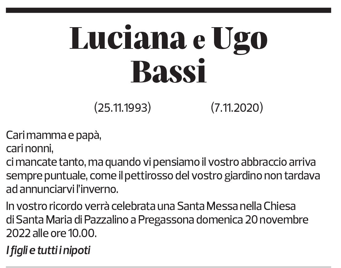 Annuncio funebre Luciana E Ugo Bassi