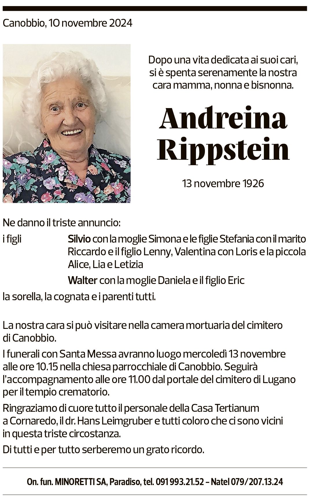 Annuncio funebre Andreina Rippstein