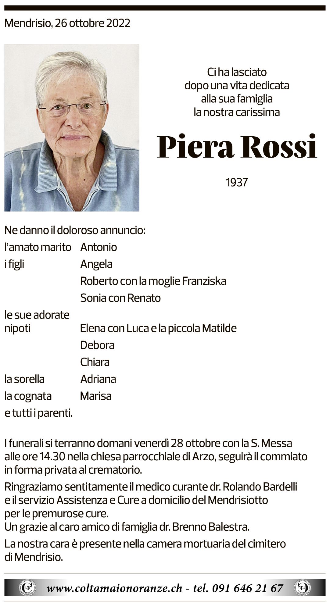 Annuncio funebre Piera Rossi