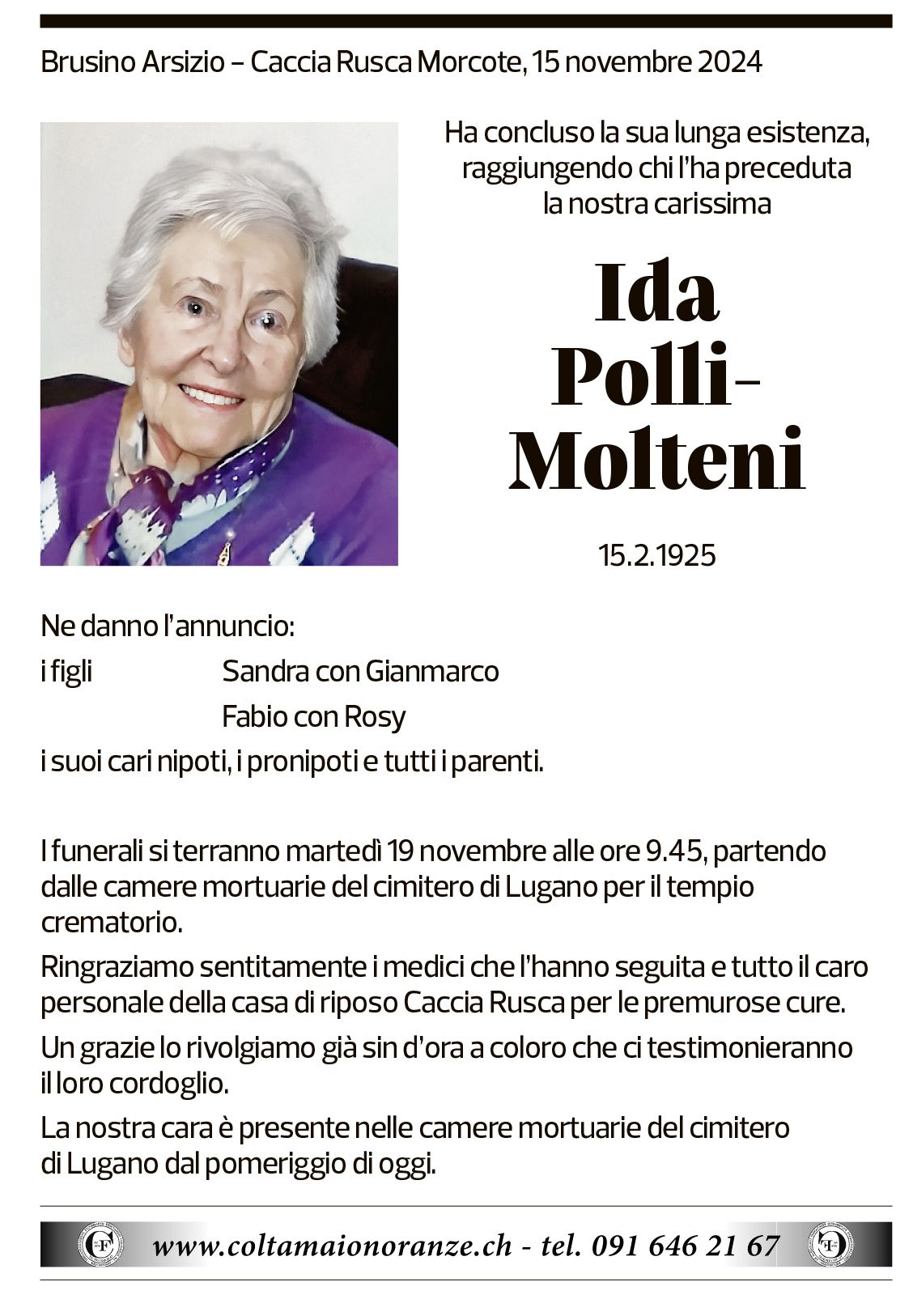 Annuncio funebre Ida Polli-molteni