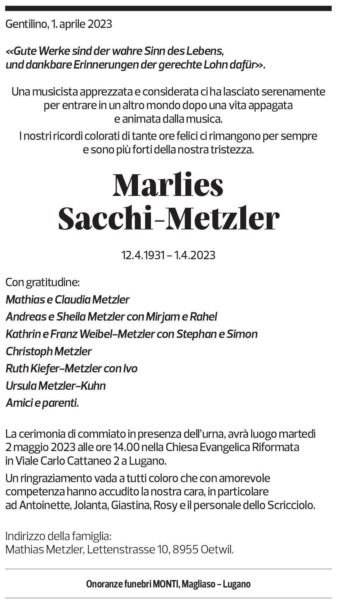 Annuncio funebre Marlies Sacchi-metzler