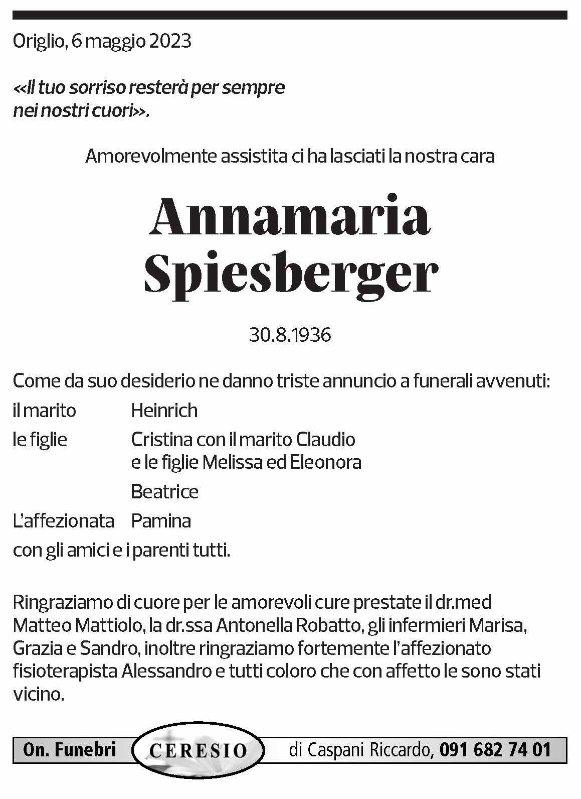 Annuncio funebre Annamaria Spiesberger