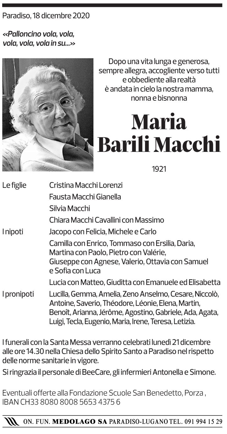 Annuncio funebre Maria Barilli Macchi