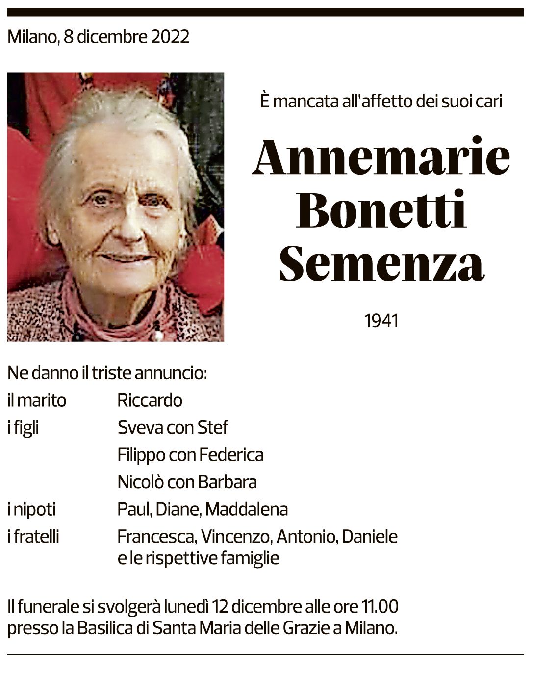 Annuncio funebre Annemarie Bonetti Semenza