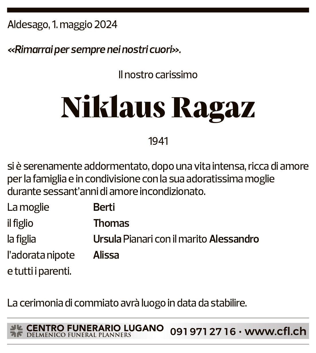 Annuncio funebre Niklaus Ragaz