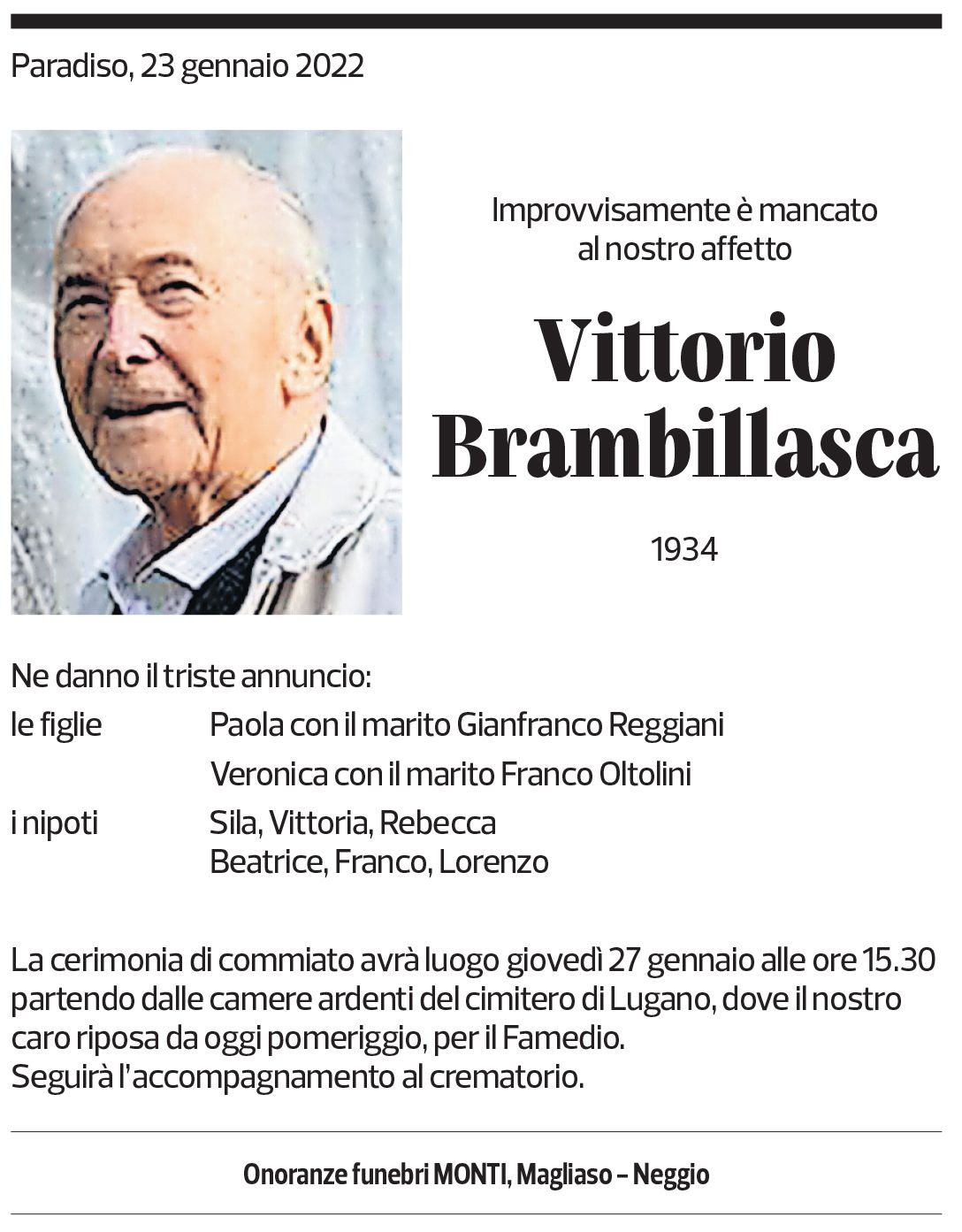 Annuncio funebre Vittorio Brambillasca