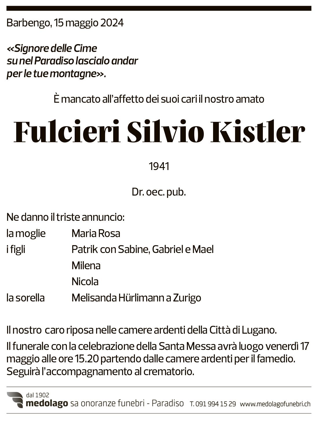 Annuncio funebre Fulcieri Silvio Kistler