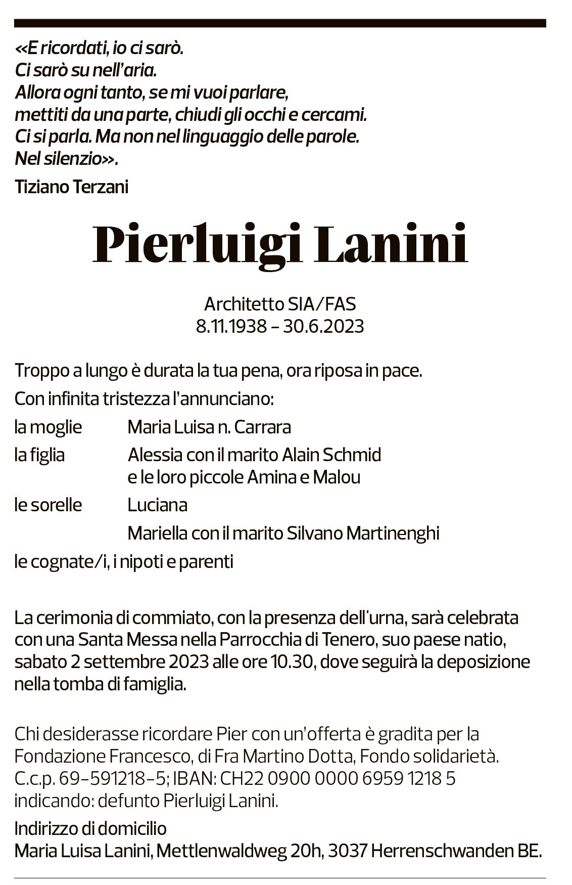 Annuncio funebre Pierluigi Lanini