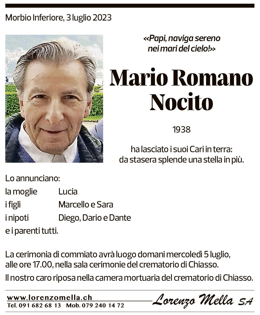 Annuncio funebre Mario Romano Nocito
