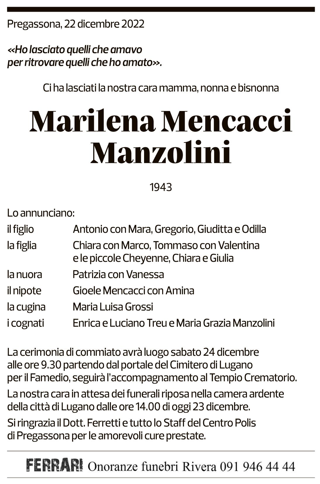 Annuncio funebre Marilena Mencacci Manzolini