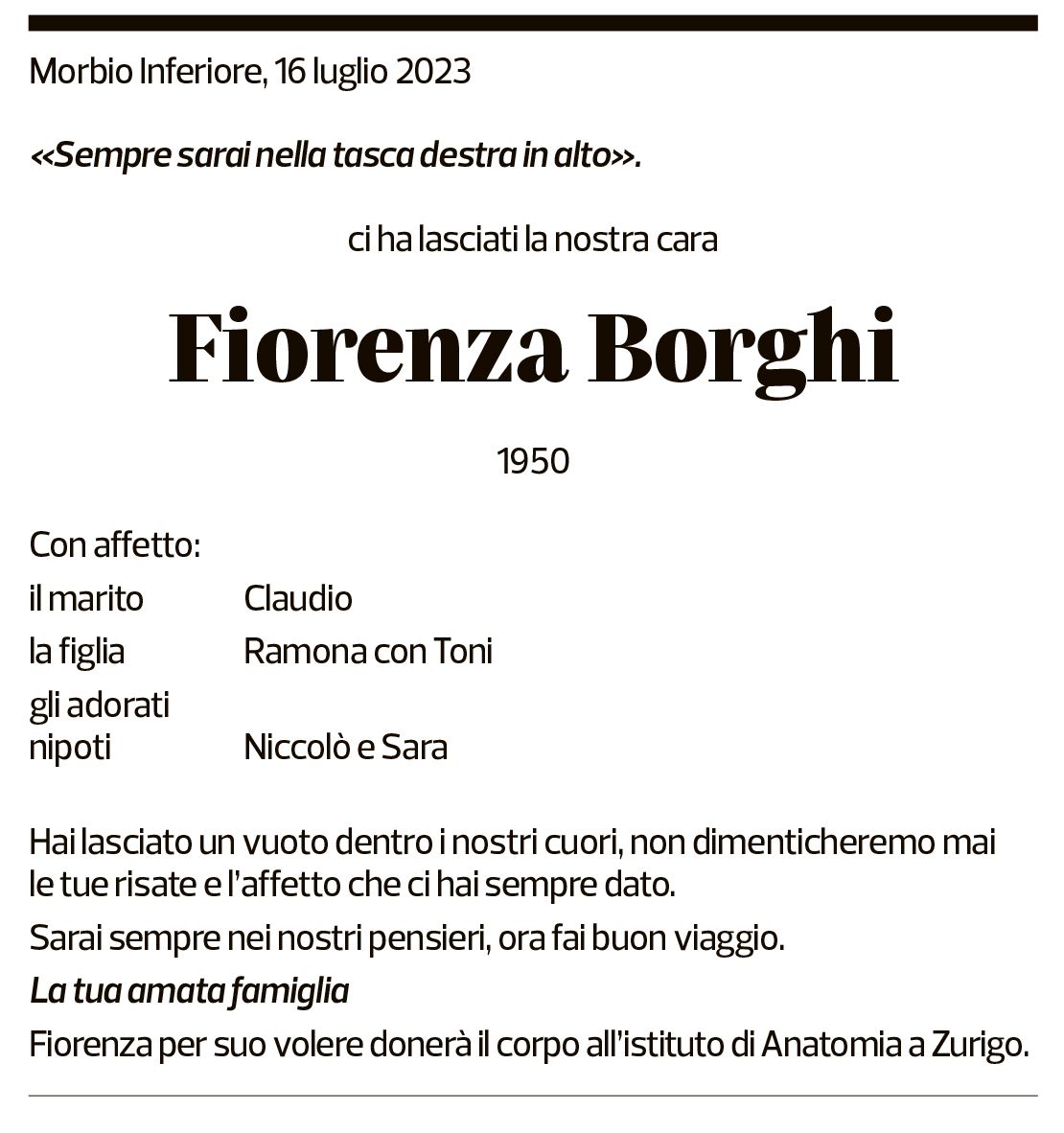 Annuncio funebre Fiorenza Borghi