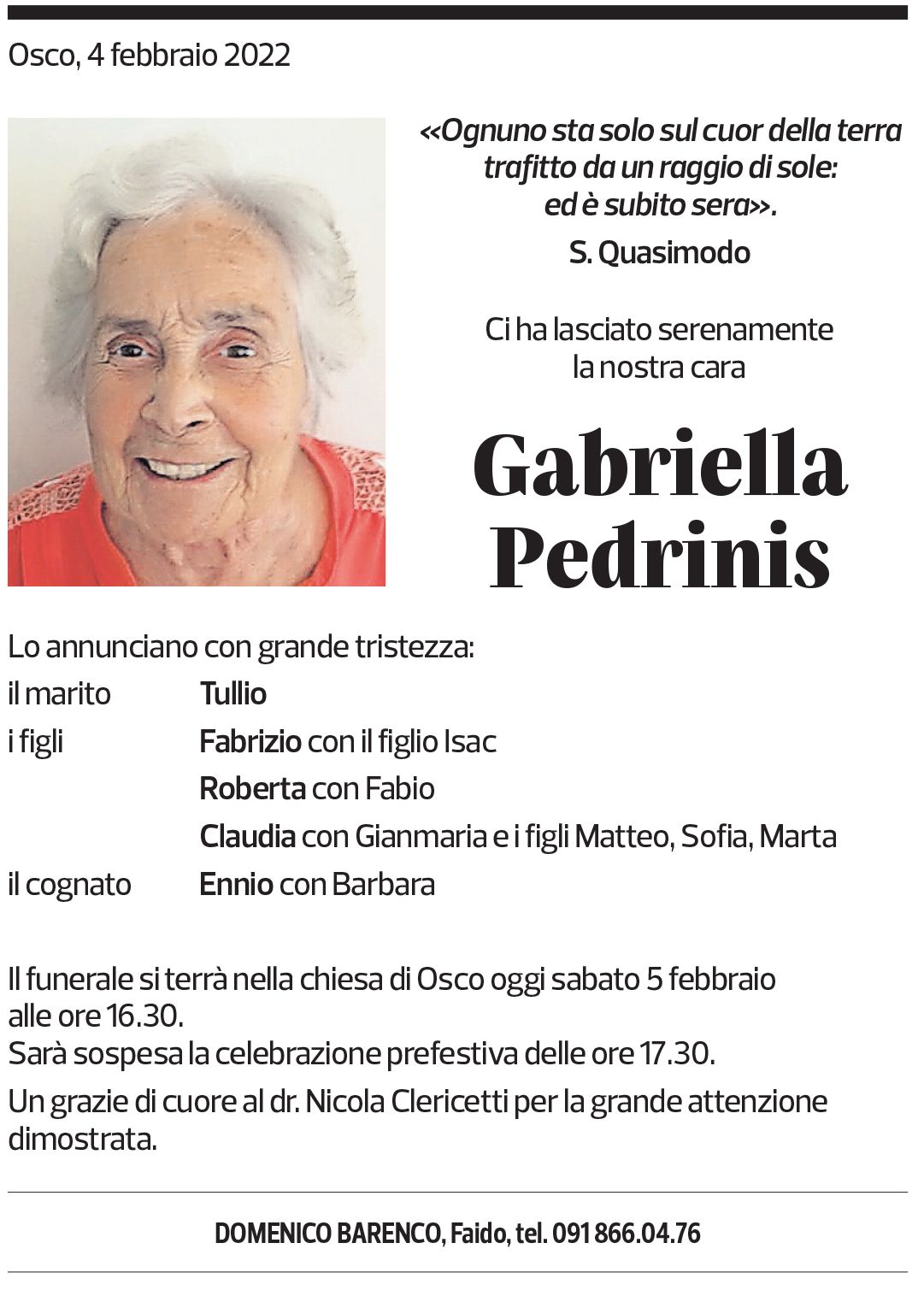 Annuncio funebre Gabriella Pedrinis