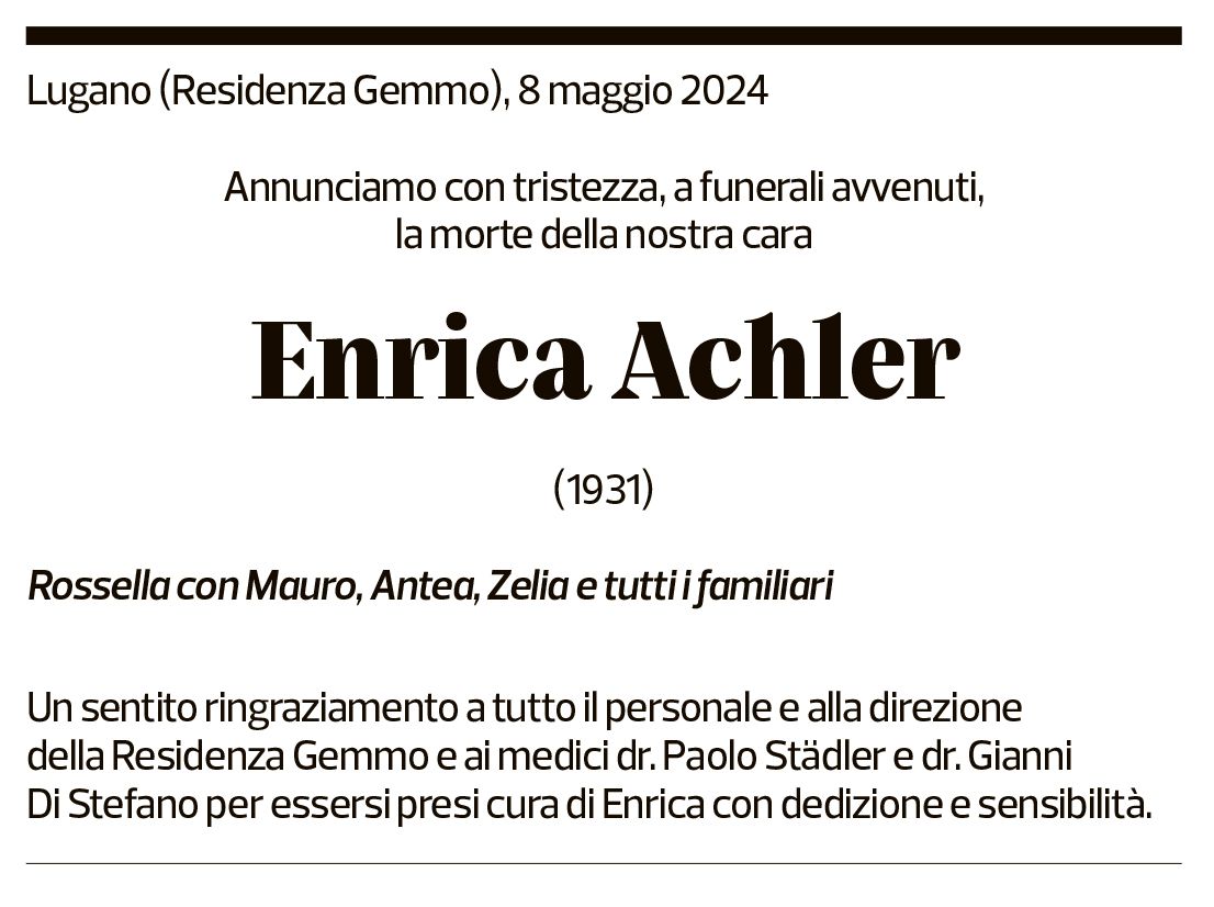 Annuncio funebre Enrica Achler