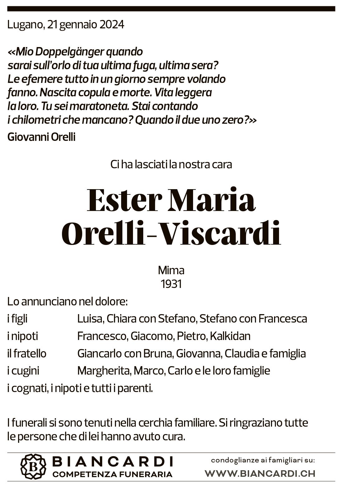 Annuncio funebre Ester Maria Orelli-viscardi