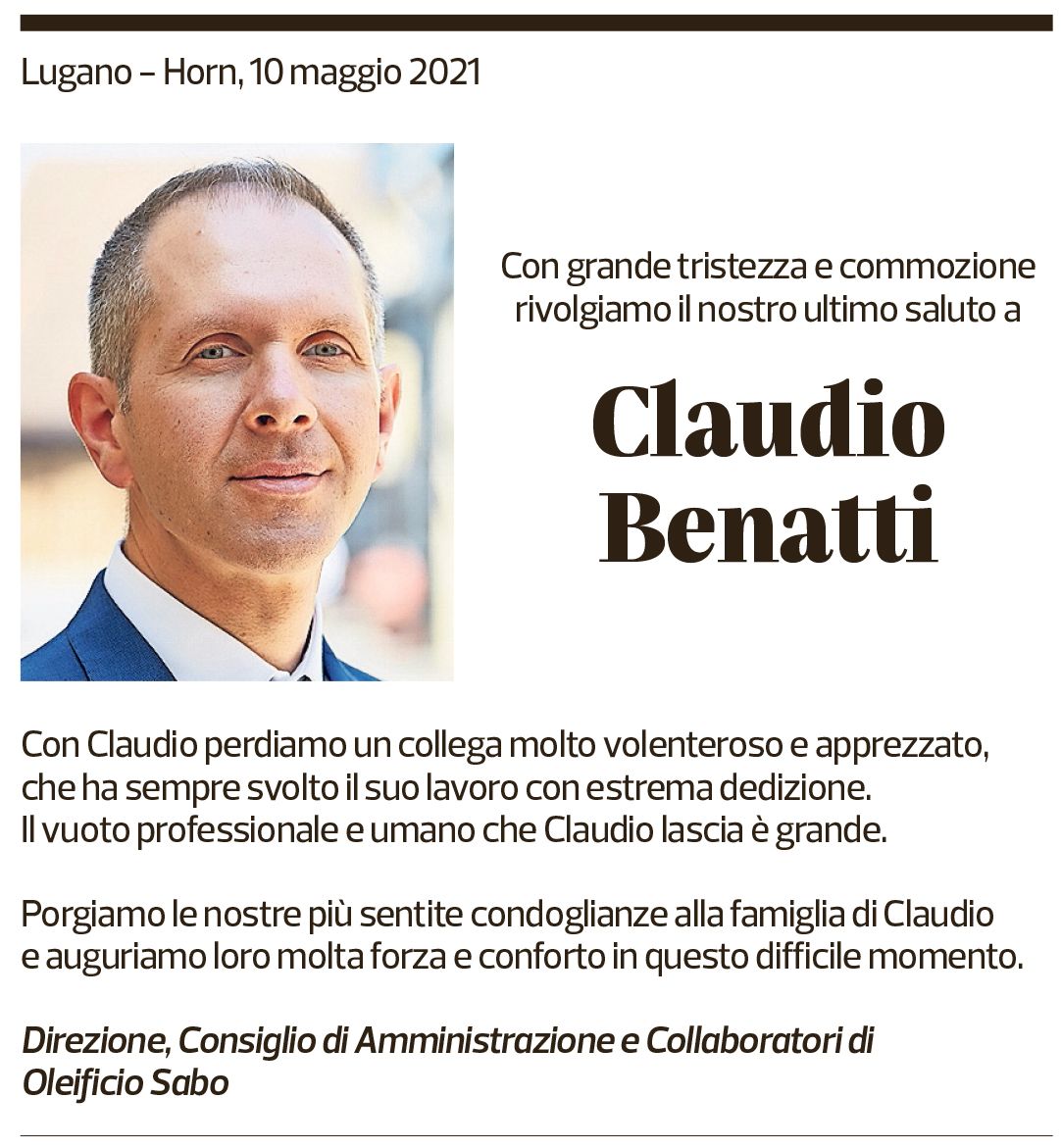 Annuncio funebre Claudio Benatti