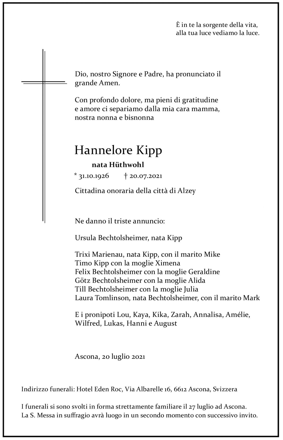 Annuncio funebre Hannelore Kipp