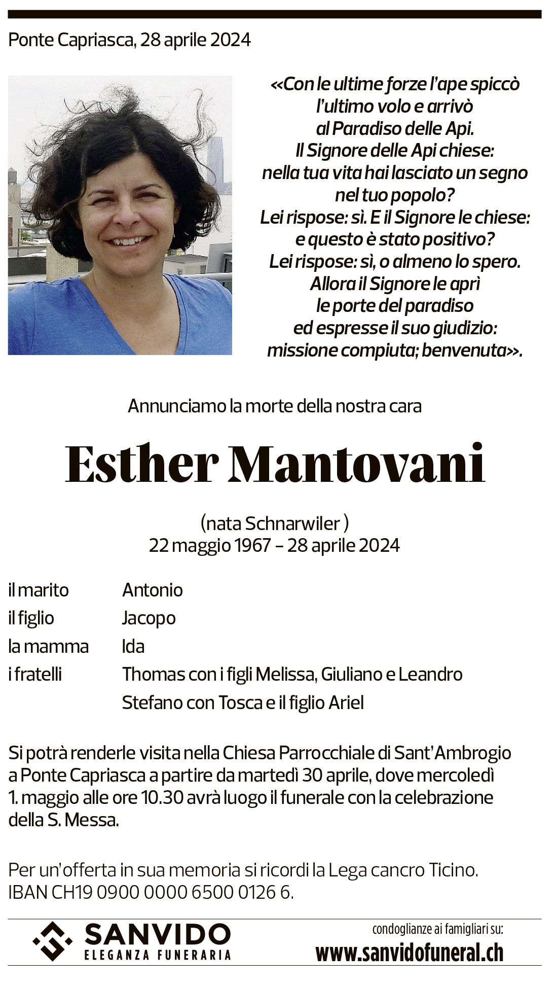 Annuncio funebre Ester Mantovani