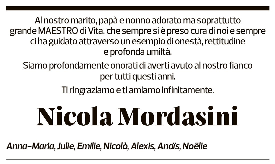 Annuncio funebre Nicola Mordasini