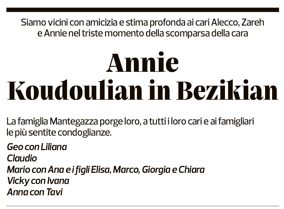 Annuncio funebre Annie Koudoulian Bezikian