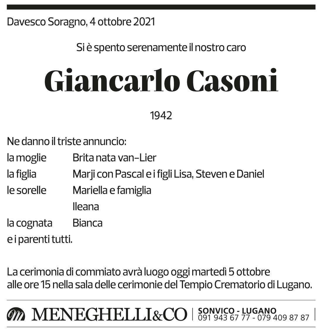 Annuncio funebre Giancarlo Casoni