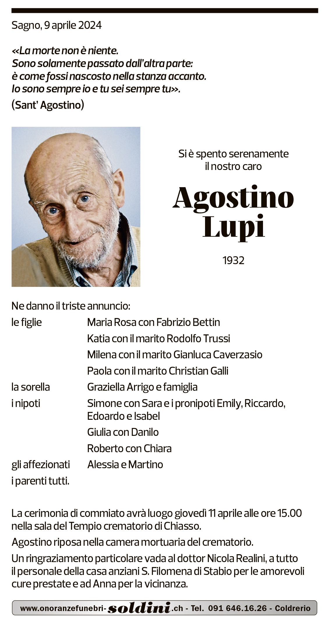 Annuncio funebre Agostino Lupi