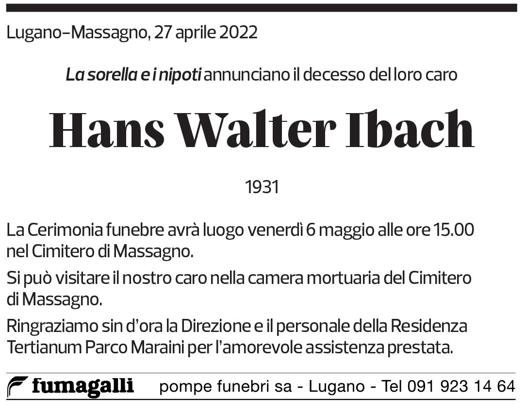 Annuncio funebre Hans Walter Ibach