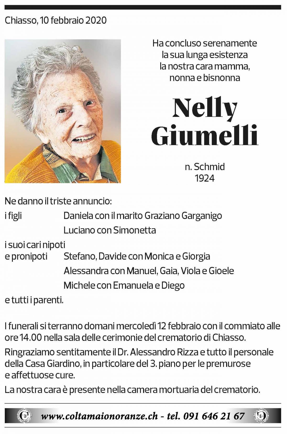 Annuncio funebre Nelly Giumelli