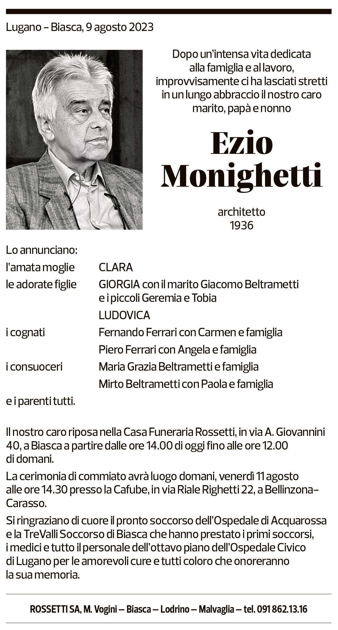 Annuncio funebre Ezio Monighetti