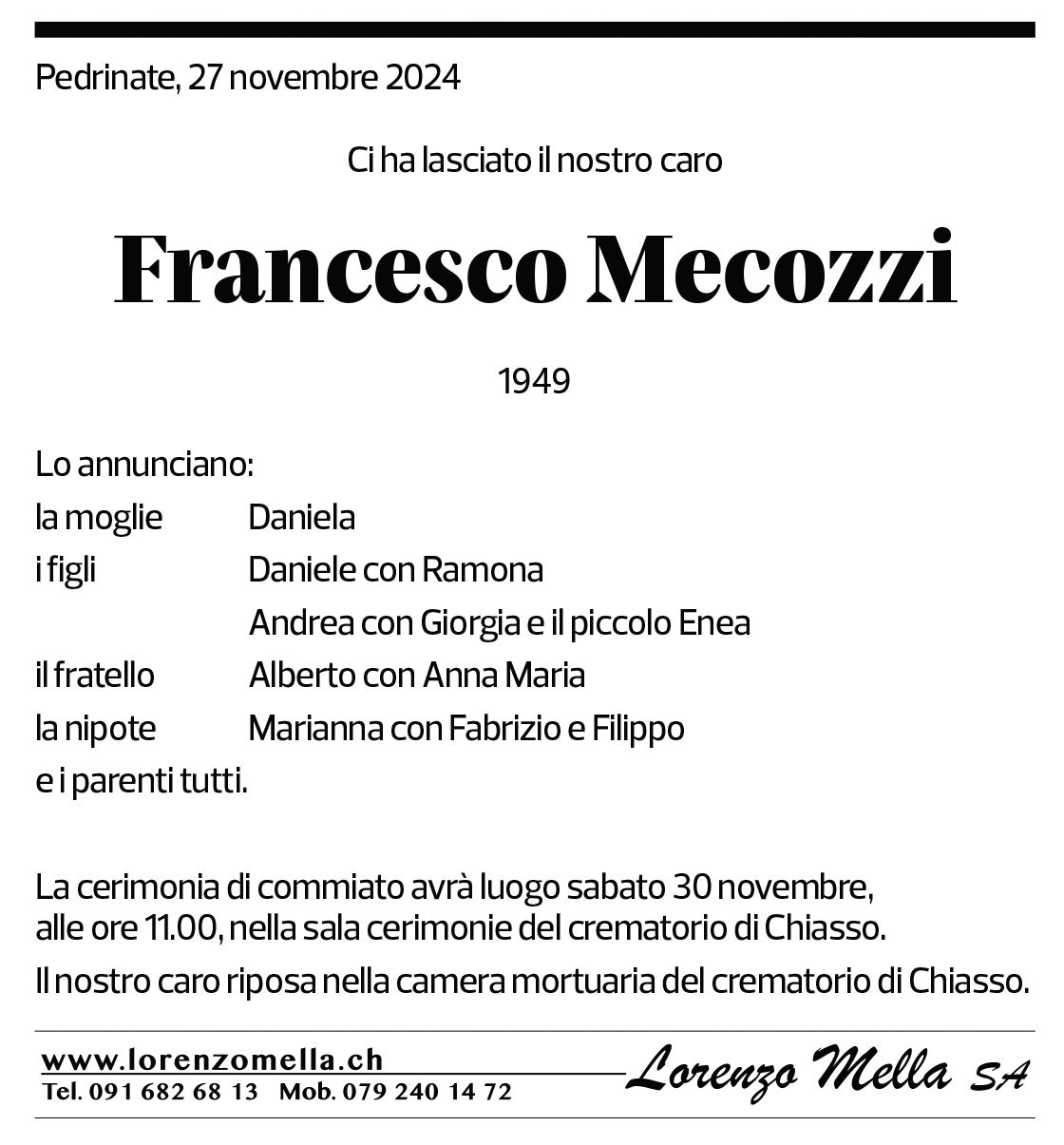 Annuncio funebre Francesco Mecozzi