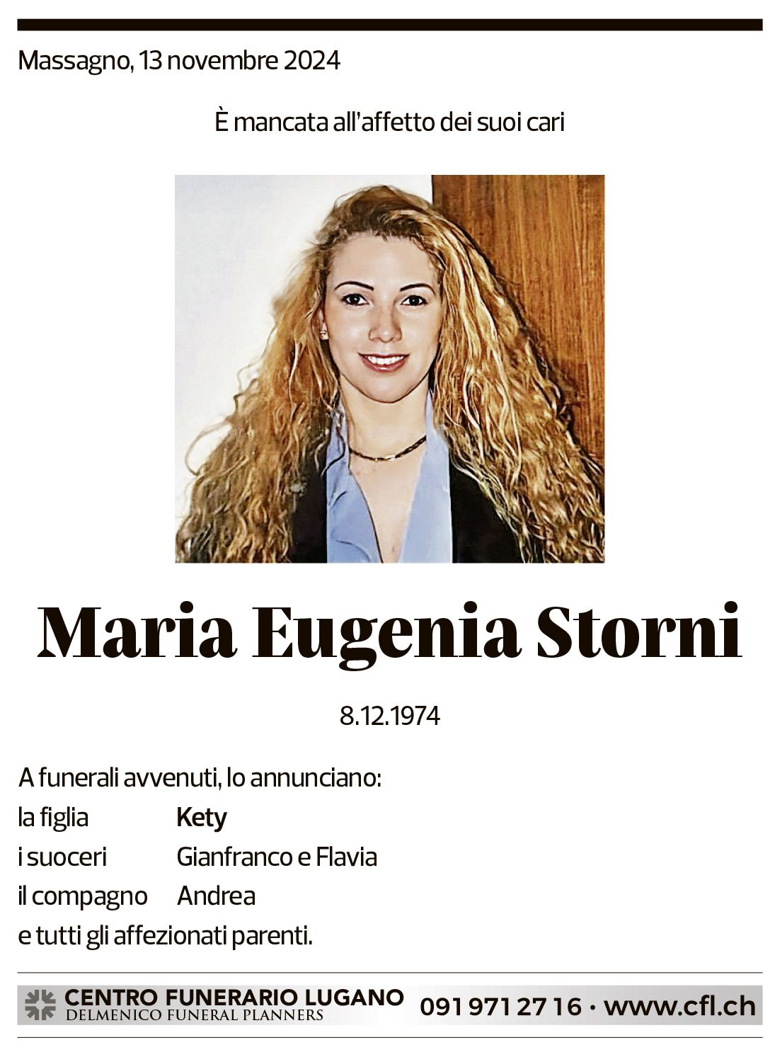 Annuncio funebre Maria Eugenia Storni