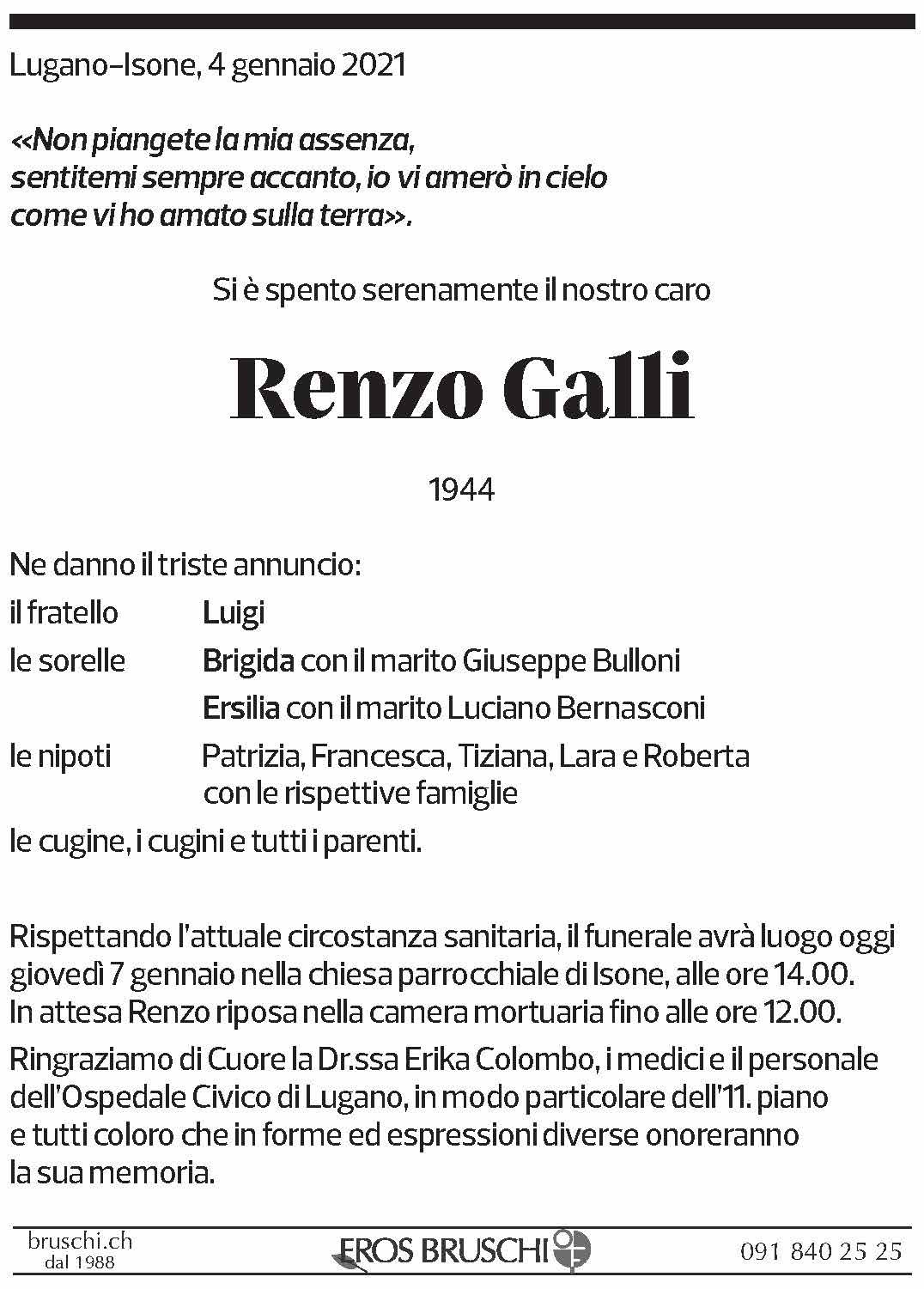 Annuncio funebre Renzo Galli