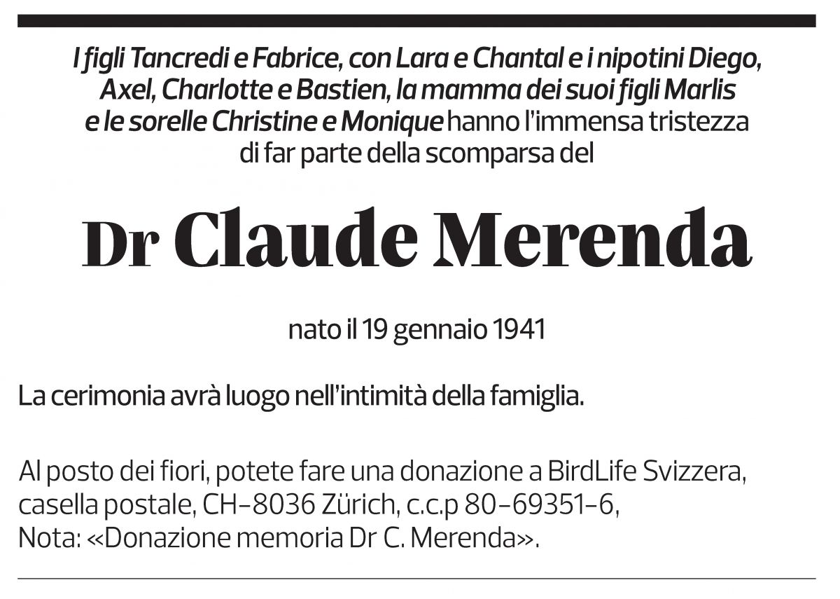 Annuncio funebre Dr. Claude Merenda