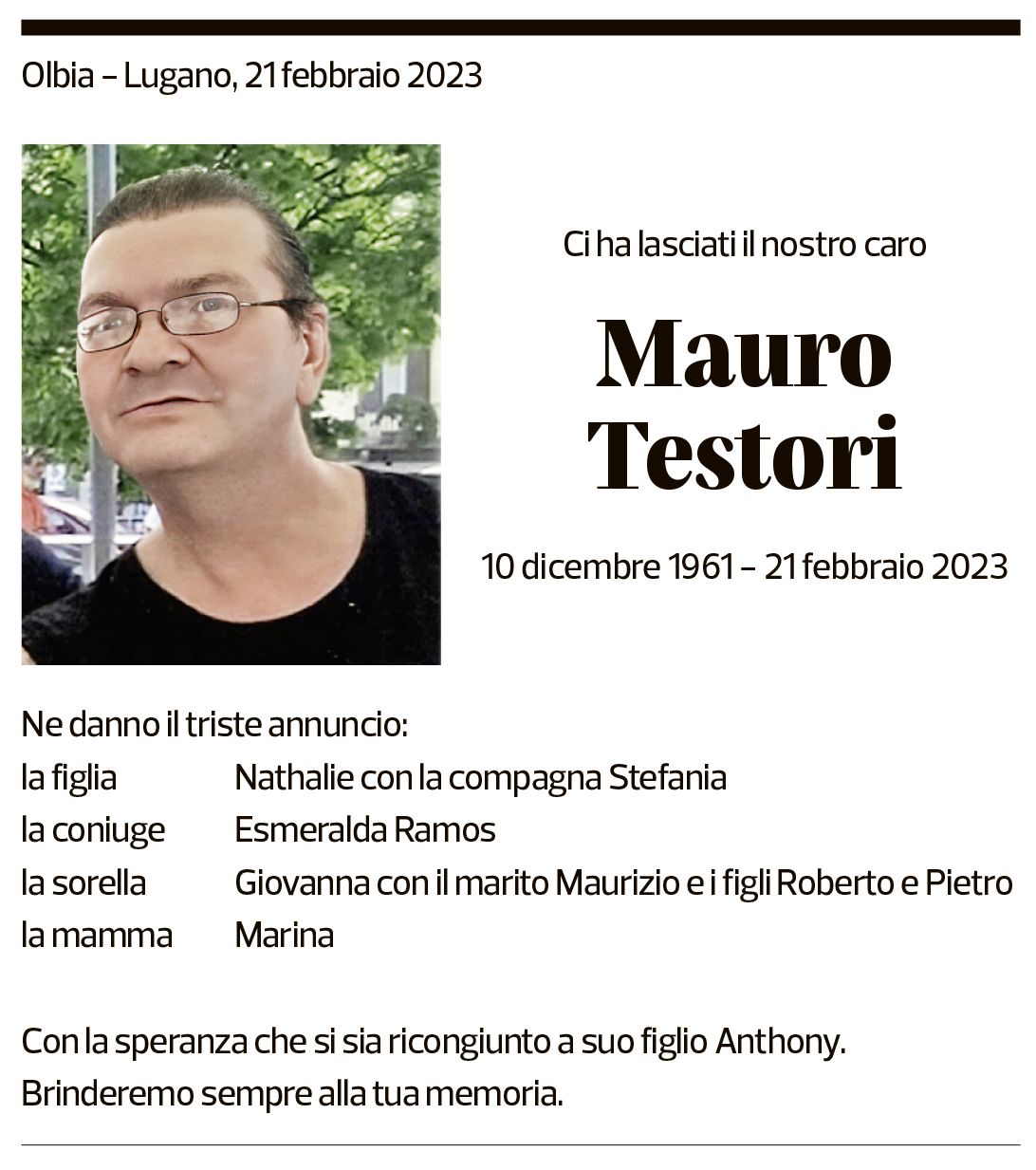 Annuncio funebre Mauro Testori