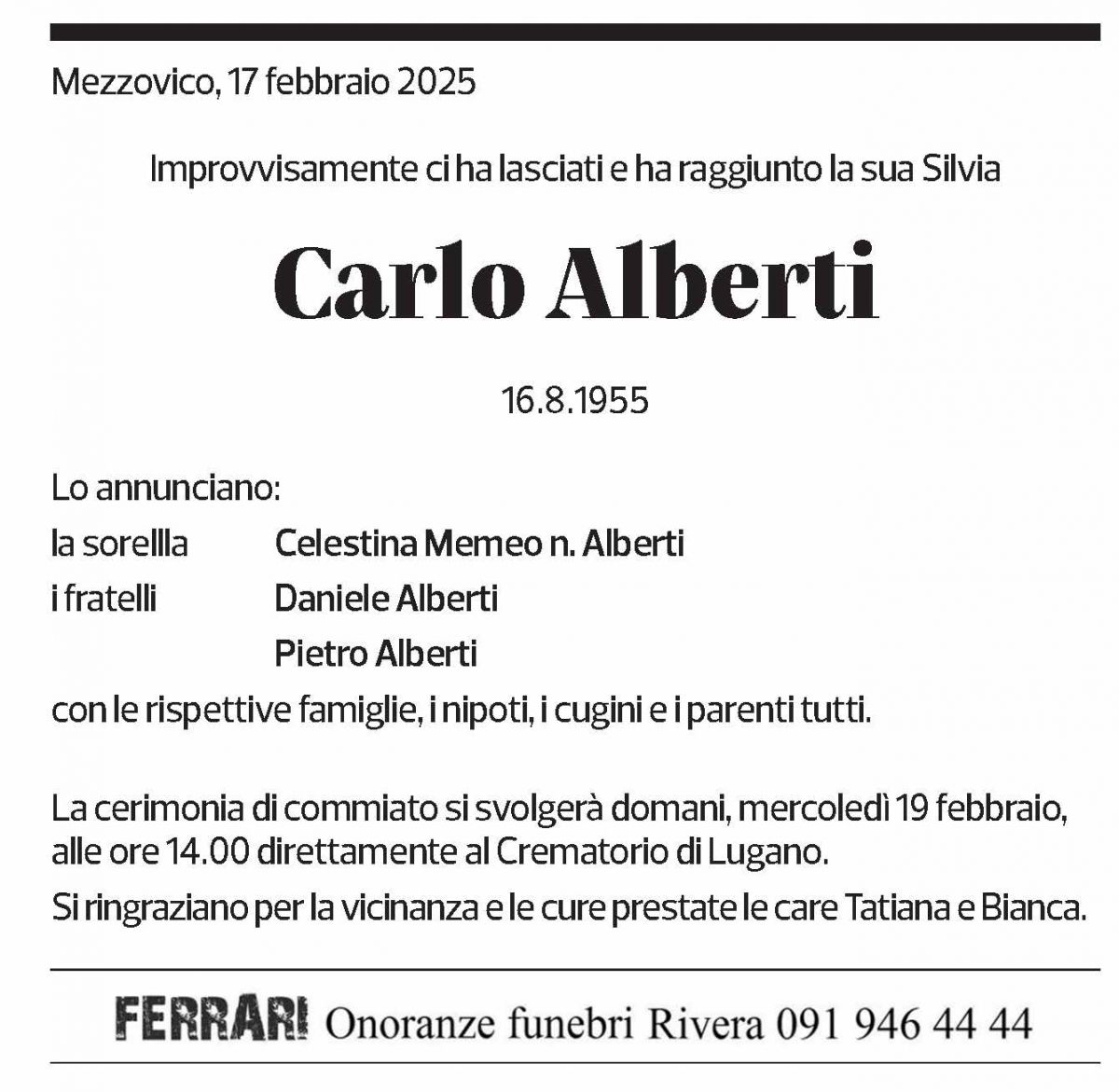 Annuncio funebre Carlo Alberti