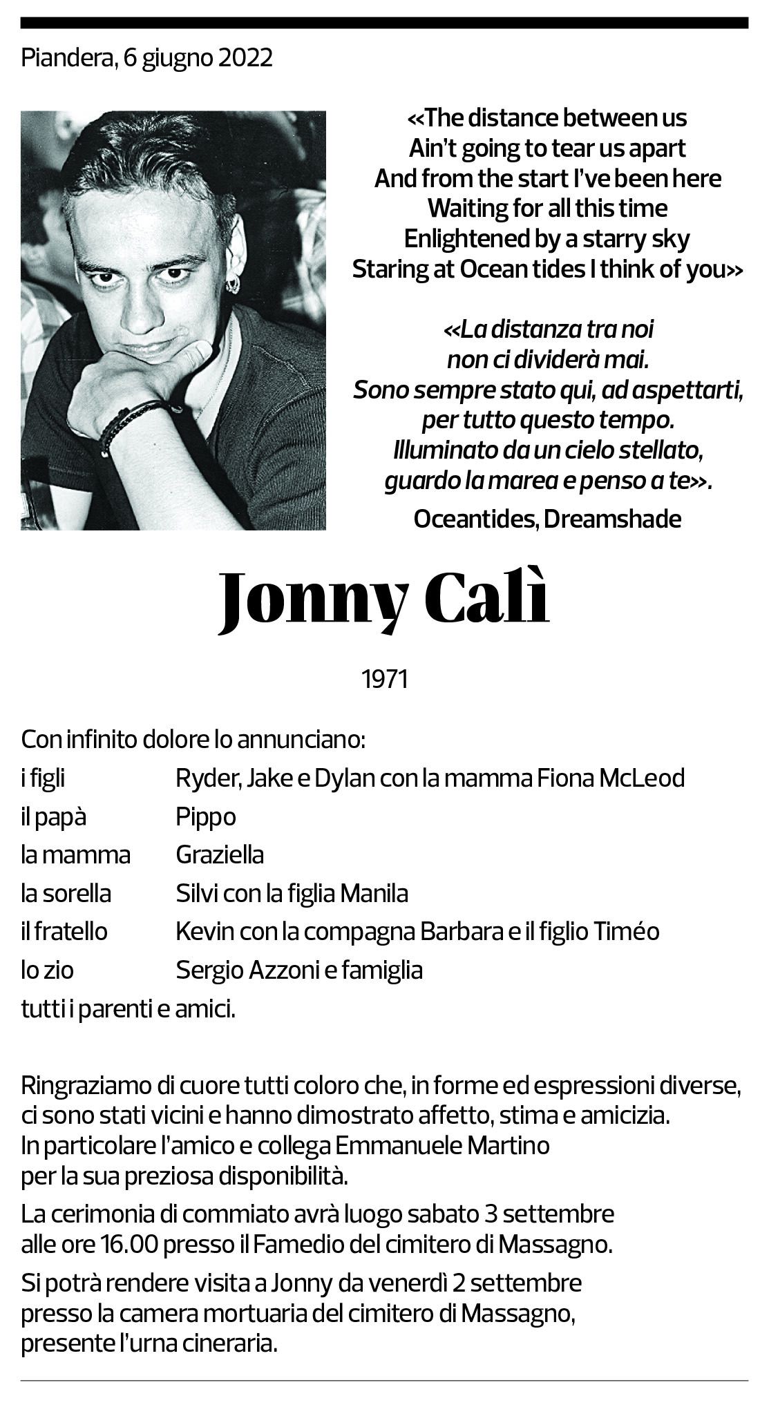 Annuncio funebre Jonny Calì