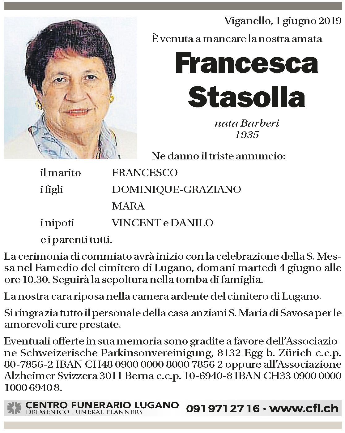 Annuncio funebre Francesca Stasolla