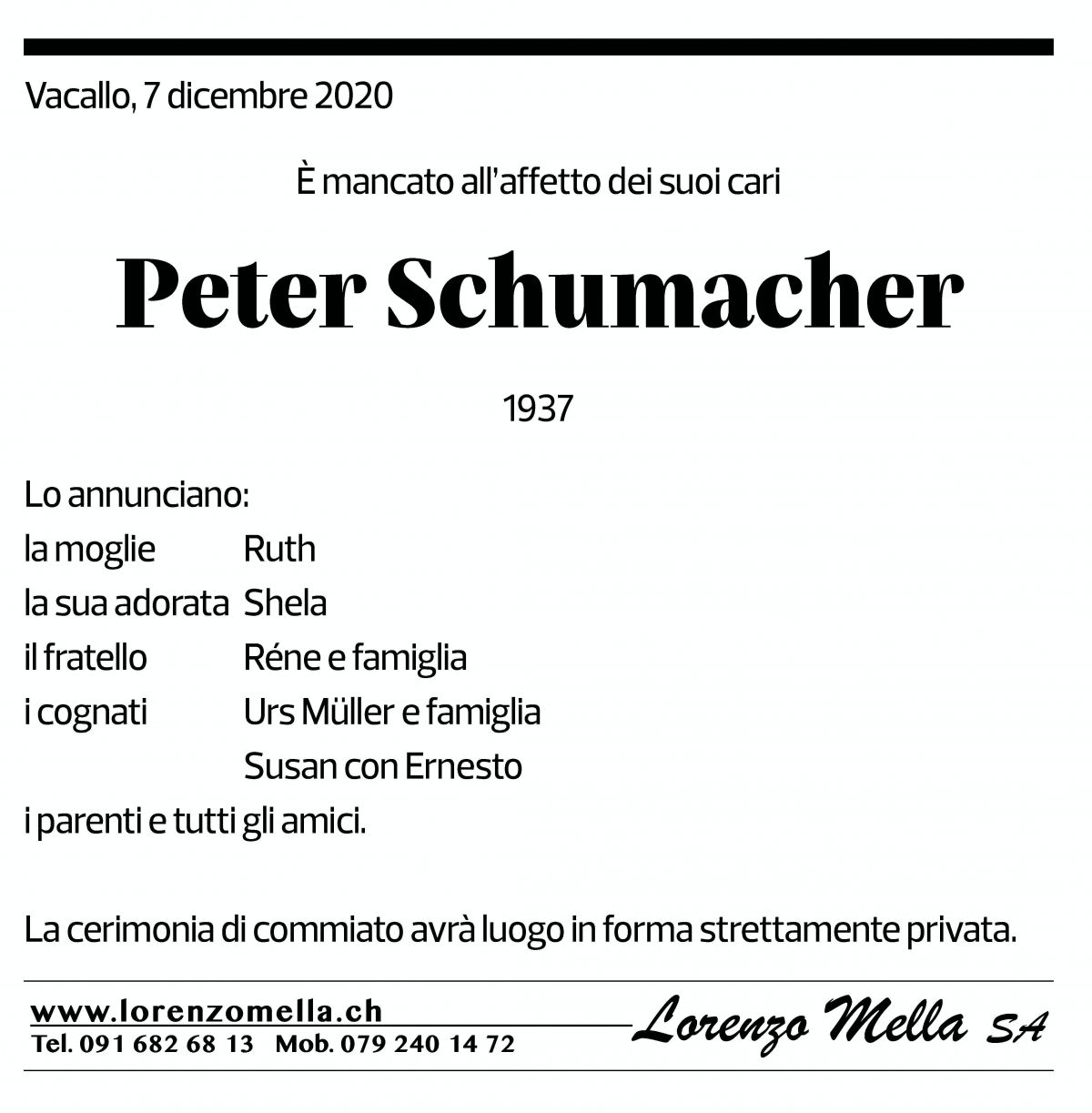 Annuncio funebre Peter Schumacher