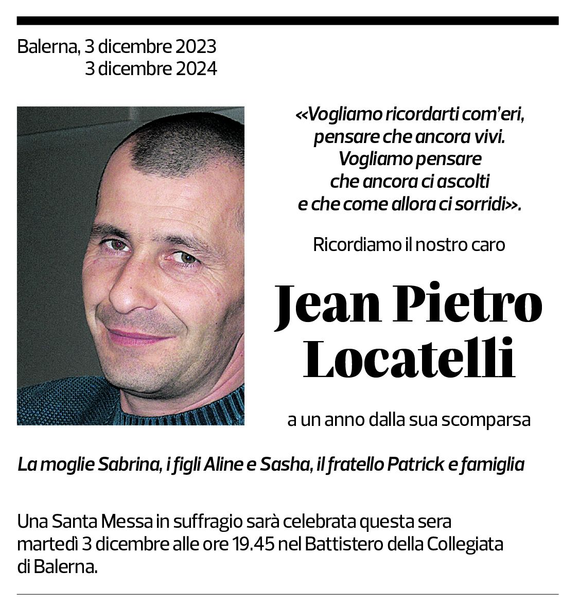 Annuncio funebre Jean Pietro Locatelli