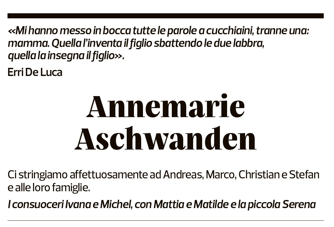 Annuncio funebre Annemarie Aschwanden