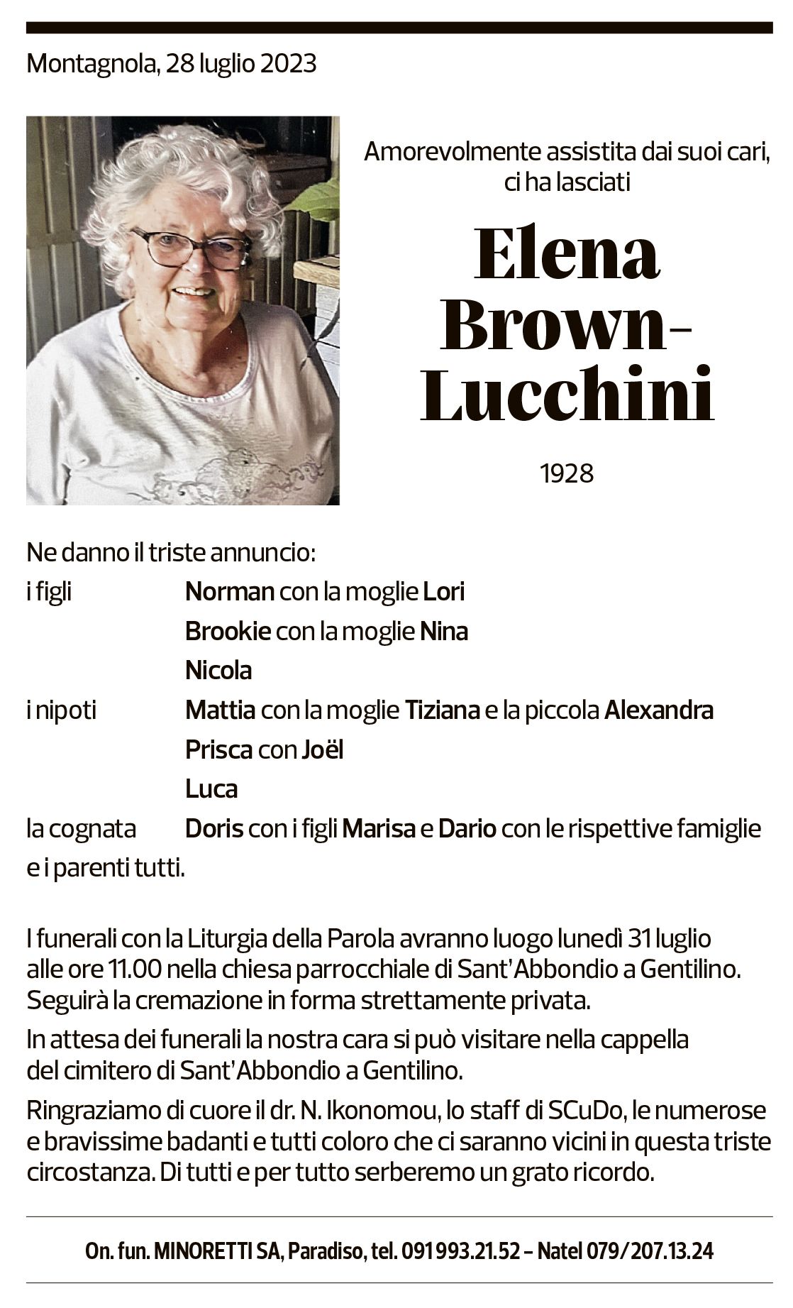 Annuncio funebre Elena Brown-lucchini