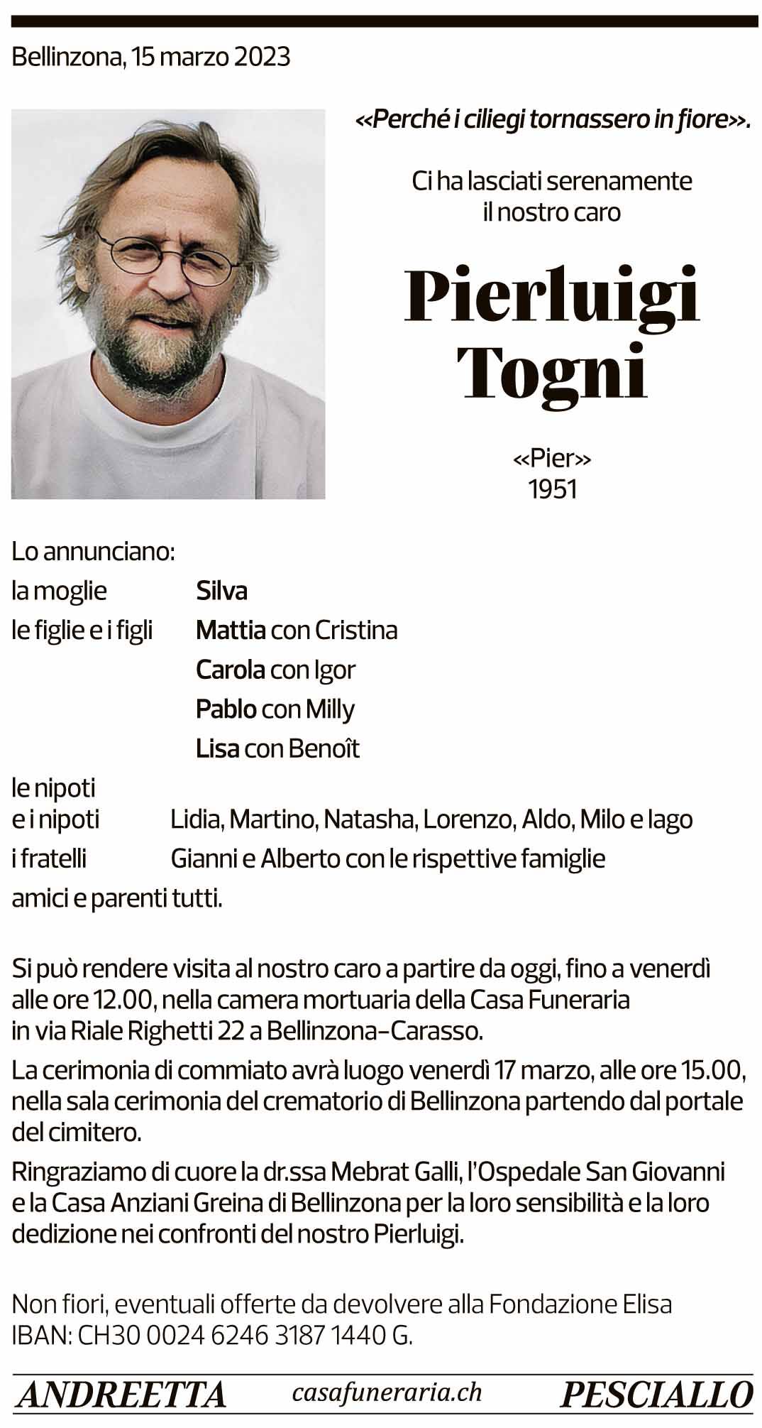 Annuncio funebre Pierluigi Togni