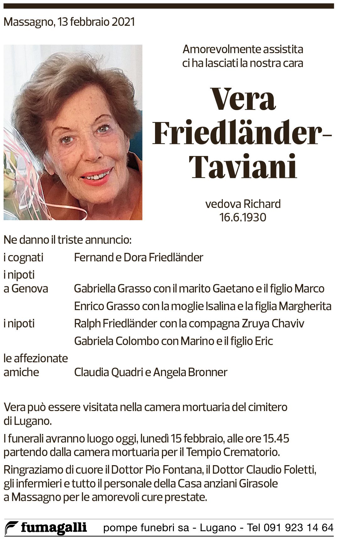 Annuncio funebre Vera Friedländer-taviani